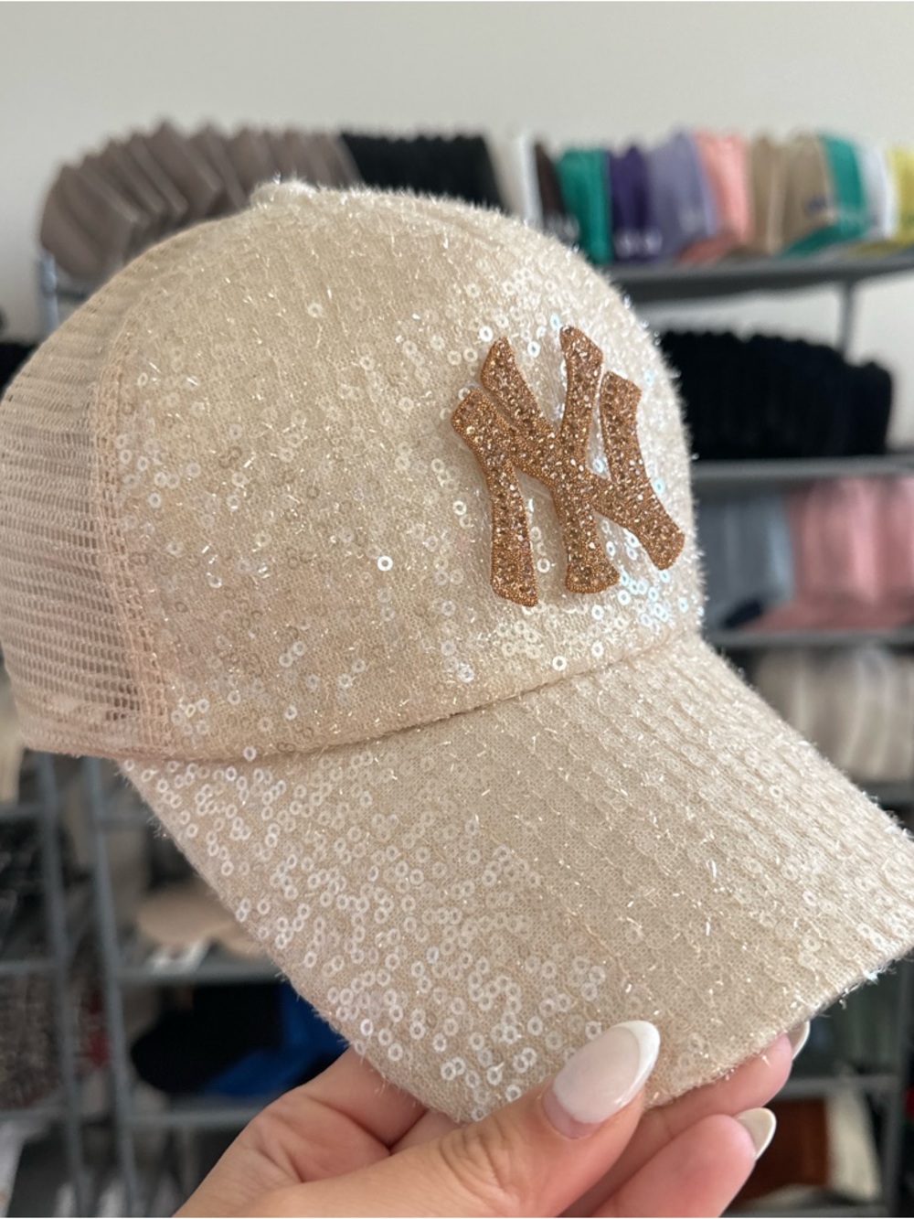 Sequin Embellished New York Logo Baseball Cap - Cream - Picture 3 of 4